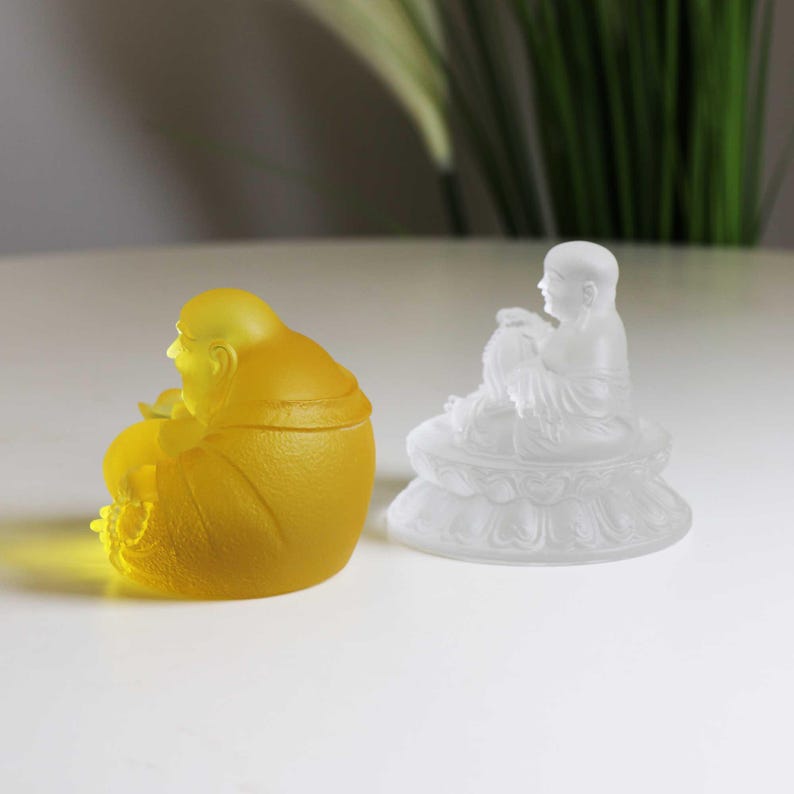 Yellow Glass Laughing Buddha Statue: Handmade Zen Decor