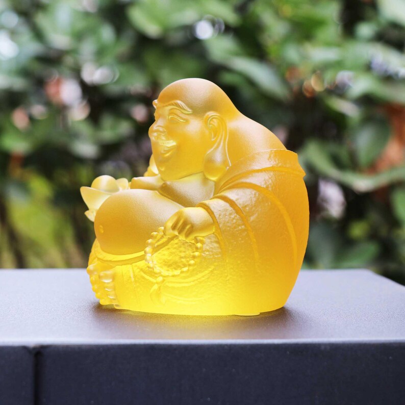 Yellow Glass Laughing Buddha Statue: Handmade Zen Decor