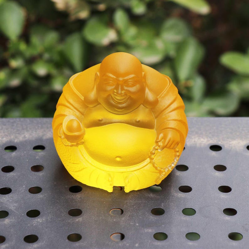 Yellow Glass Laughing Buddha Statue: Handmade Zen Decor