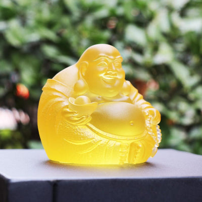 Yellow Glass Laughing Buddha Statue: Handmade Zen Decor