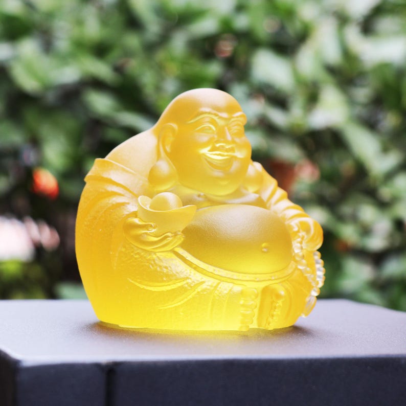 Yellow Glass Laughing Buddha Statue: Handmade Zen Decor