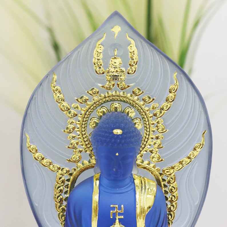 Colored Resin Medicine Buddha Statue - Home Temple Decor (8.86inch), Gilded Background Lotus Base, Home Ornament, Gift for Mother, Gift Idea