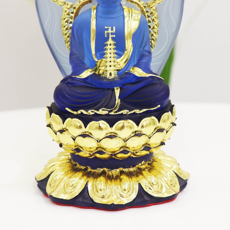 Colored Resin Medicine Buddha Statue - Home Temple Decor (8.86inch), Gilded Background Lotus Base, Home Ornament, Gift for Mother, Gift Idea
