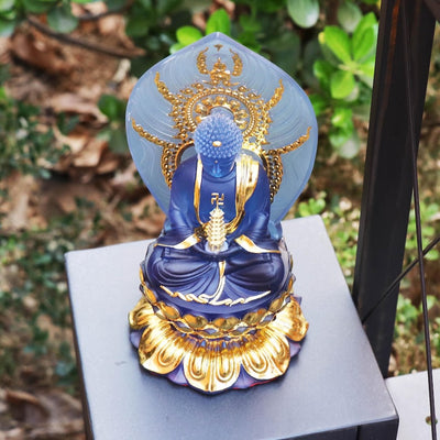 Colored Resin Medicine Buddha Statue - Home Temple Decor (8.86inch), Gilded Background Lotus Base, Home Ornament, Gift for Mother, Gift Idea