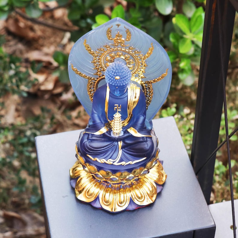 Colored Resin Medicine Buddha Statue - Home Temple Decor (8.86inch), Gilded Background Lotus Base, Home Ornament, Gift for Mother, Gift Idea