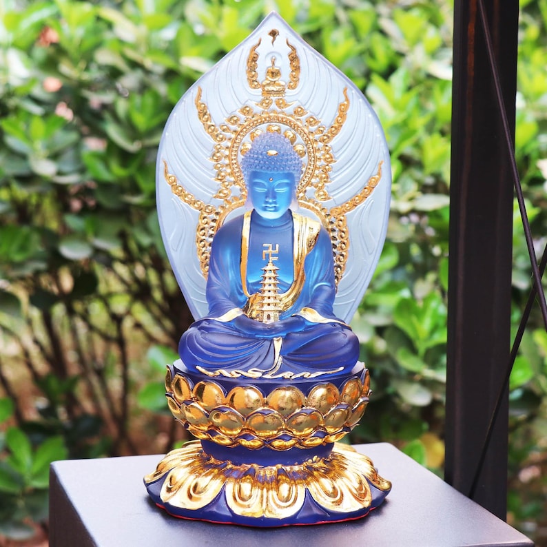 Colored Resin Medicine Buddha Statue - Home Temple Decor (8.86inch), Gilded Background Lotus Base, Home Ornament, Gift for Mother, Gift Idea