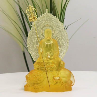 Statue de Bodhisattva Ksitigarbha en verre coloré : Décoration de temple bouddhiste