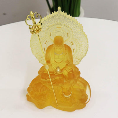 Statue de Bodhisattva Ksitigarbha en verre coloré : Décoration de temple bouddhiste