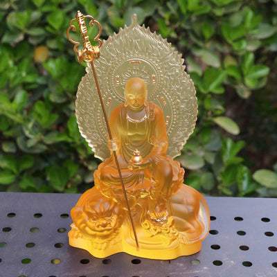 Statue de Bodhisattva Ksitigarbha en verre coloré : Décoration de temple bouddhiste