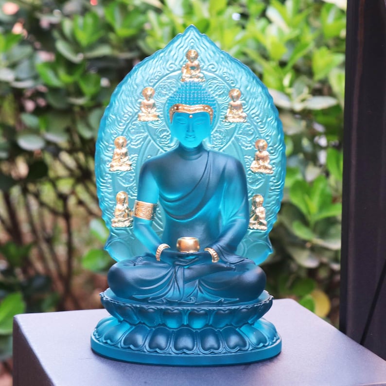 Lake Blue Glass Medicine Buddha Statue: Buddhist Temple Decor