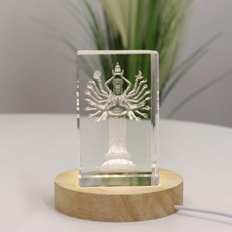 Glass Guanyin Statue: 3D Laser Carved Buddhist Ornament