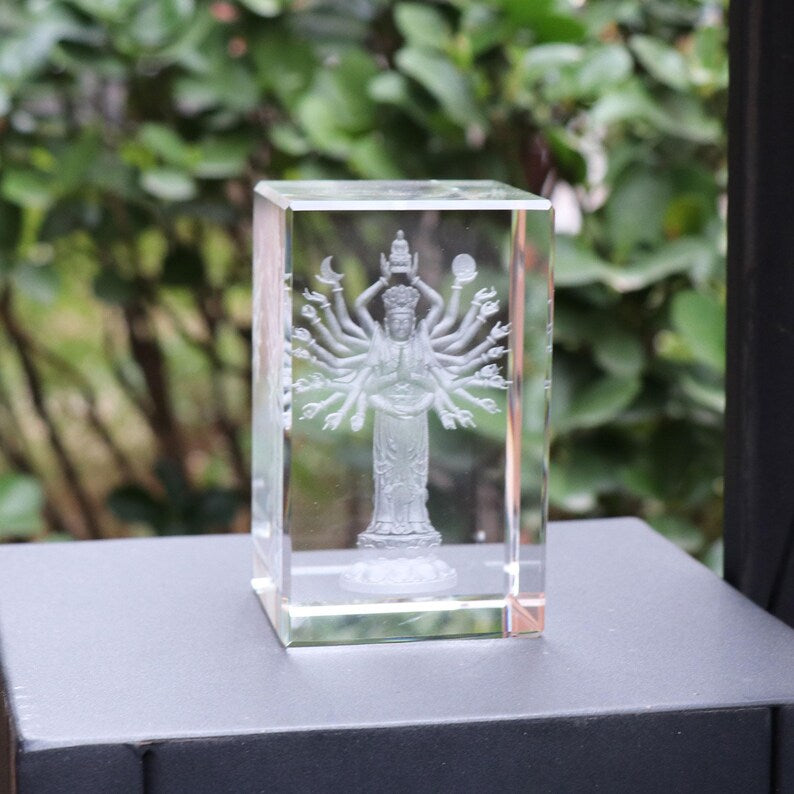 Glass Guanyin Statue: 3D Laser Carved Buddhist Ornament