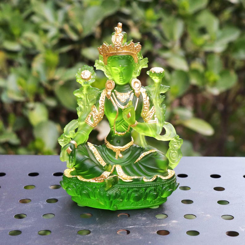 Glass Green Tara Buddha Statue, Bodhisattva Handmade Zen Ancestral Temple Home Desktop Ornaments
