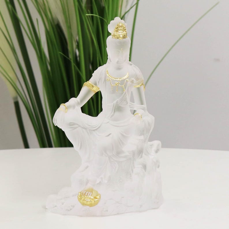 Glass Guanyin Buddha Statue: Gold-Plated Buddhist Ornament
