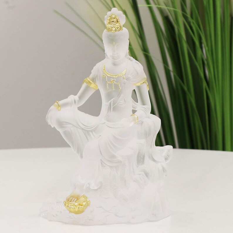 Glass Guanyin Buddha Statue: Gold-Plated Buddhist Ornament