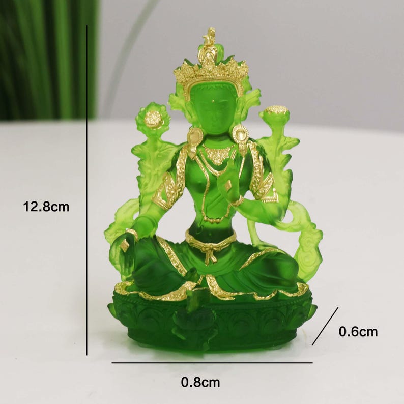Glass Green Tara Buddha Statue, Bodhisattva Handmade Zen Ancestral Temple Home Desktop Ornaments