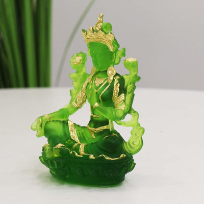 Glass Green Tara Buddha Statue, Bodhisattva Handmade Zen Ancestral Temple Home Desktop Ornaments