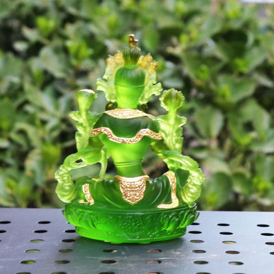 Glass Green Tara Buddha Statue, Bodhisattva Handmade Zen Ancestral Temple Home Desktop Ornaments