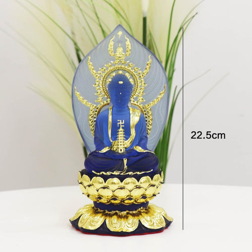 Colored Resin Medicine Buddha Statue - Home Temple Decor (8.86inch), Gilded Background Lotus Base, Home Ornament, Gift for Mother, Gift Idea