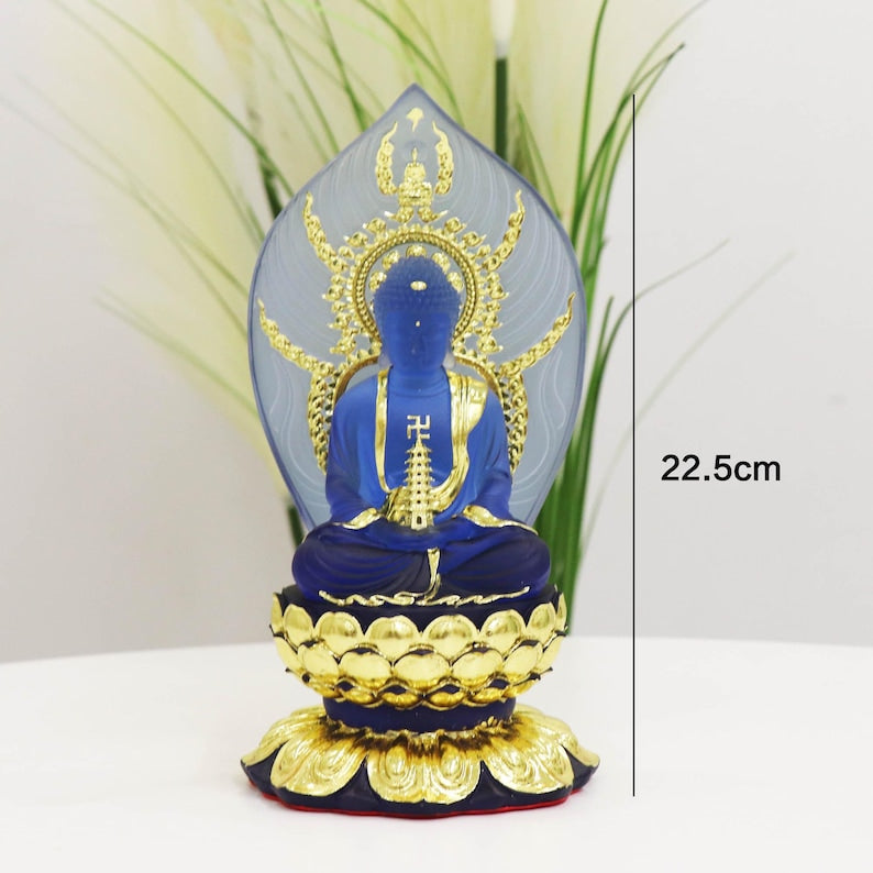 Colored Resin Medicine Buddha Statue - Home Temple Decor (8.86inch), Gilded Background Lotus Base, Home Ornament, Gift for Mother, Gift Idea