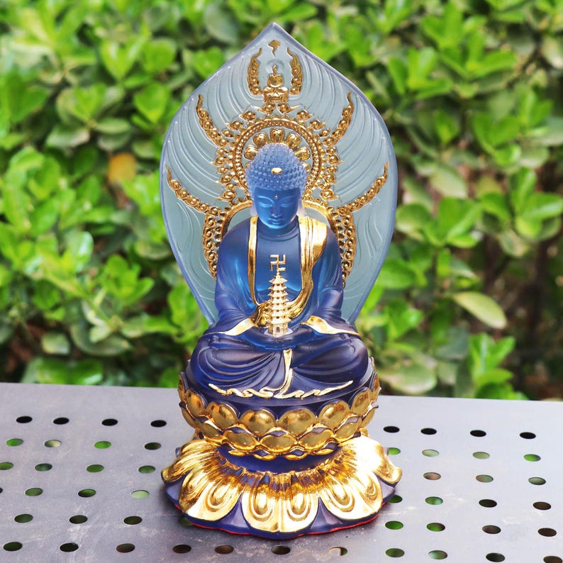 Colored Resin Medicine Buddha Statue - Home Temple Decor (8.86inch), Gilded Background Lotus Base, Home Ornament, Gift for Mother, Gift Idea