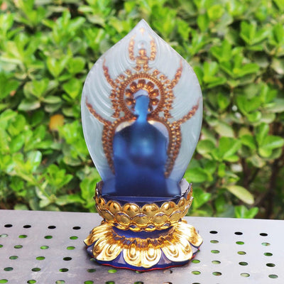 Colored Resin Medicine Buddha Statue - Home Temple Decor (8.86inch), Gilded Background Lotus Base, Home Ornament, Gift for Mother, Gift Idea