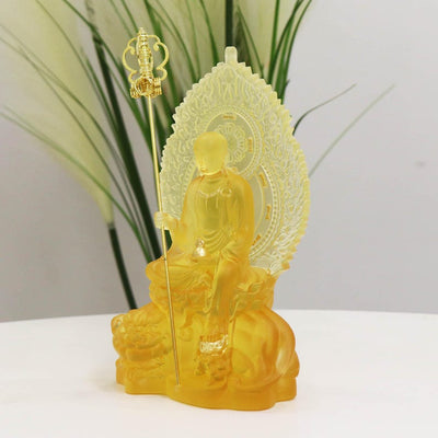 Statue de Bodhisattva Ksitigarbha en verre coloré : Décoration de temple bouddhiste