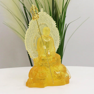 Statue de Bodhisattva Ksitigarbha en verre coloré : Décoration de temple bouddhiste