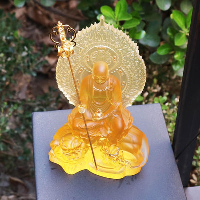 Statue de Bodhisattva Ksitigarbha en verre coloré : Décoration de temple bouddhiste