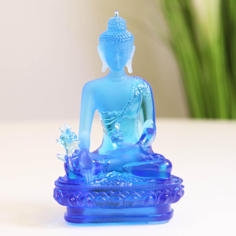 Glass Medicine Buddha Statue: Home Temple Decor, Gift for Mom, Handmade Glass Buddha Statue, Home Glass Ornament