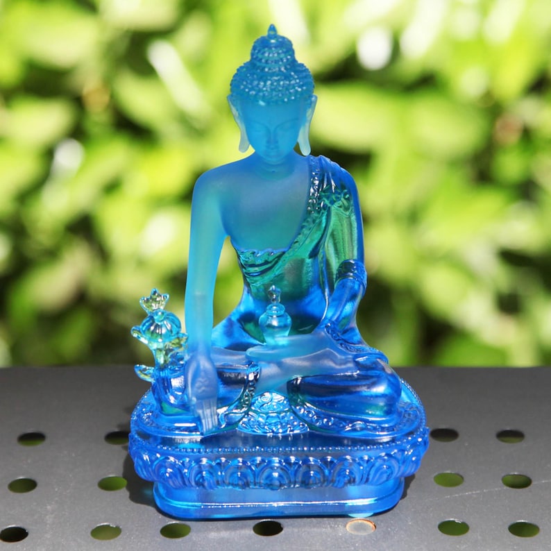 Glass Medicine Buddha Statue: Home Temple Decor, Gift for Mom, Handmade Glass Buddha Statue, Home Glass Ornament