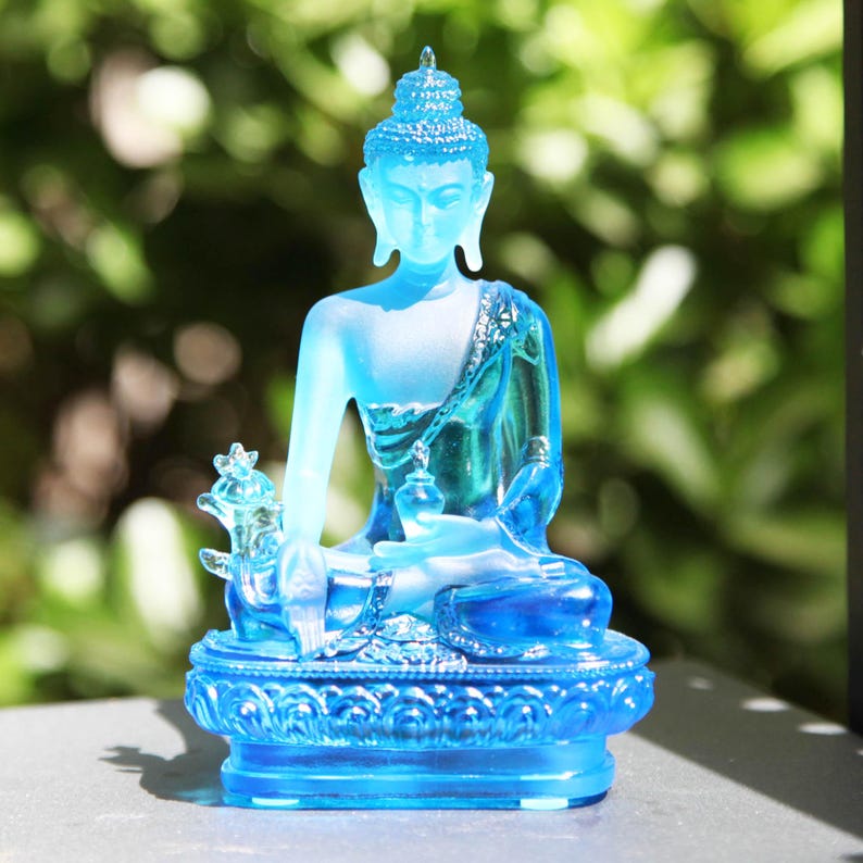 Glass Medicine Buddha Statue: Home Temple Decor, Gift for Mom, Handmade Glass Buddha Statue, Home Glass Ornament