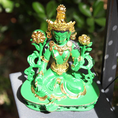 Resin Green Tara Buddha Statue: Painted Tibetan Auspicious Ornament