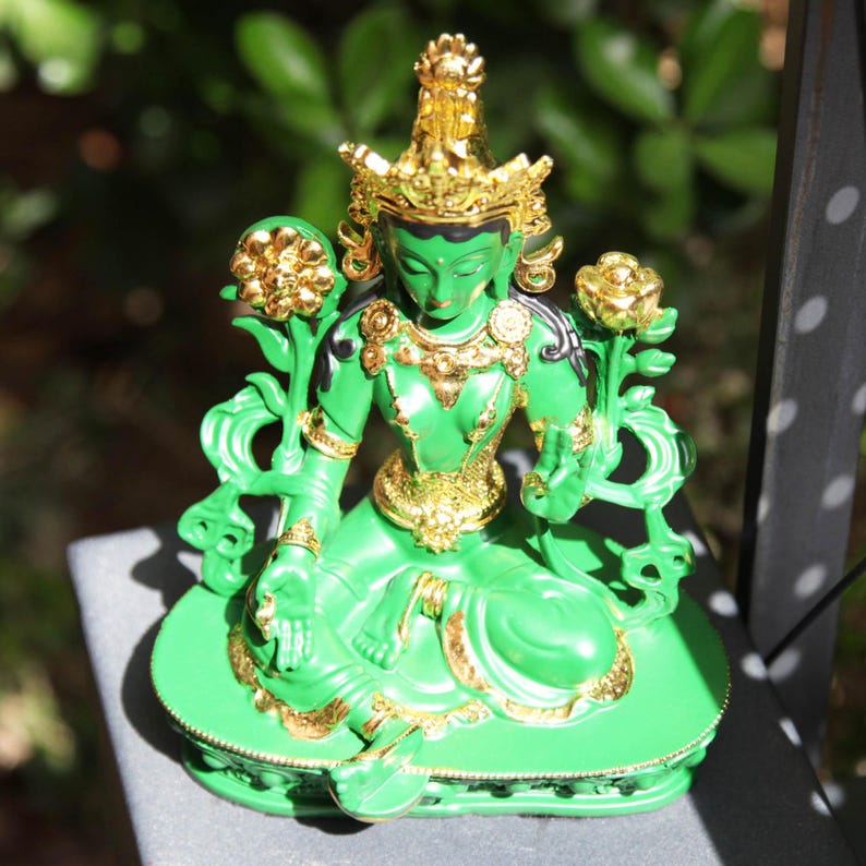 Resin Green Tara Buddha Statue: Painted Tibetan Auspicious Ornament