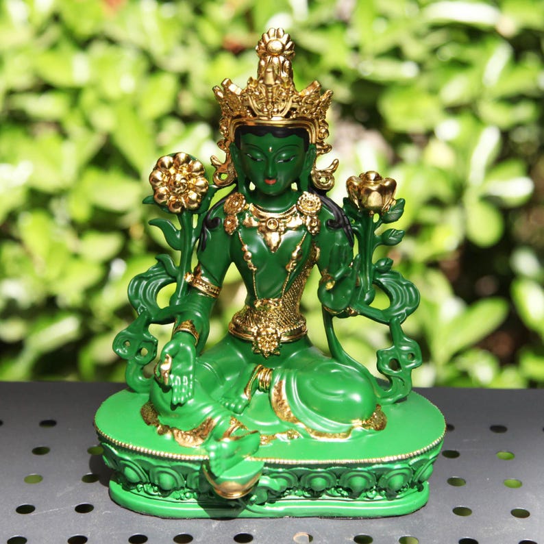 Resin Green Tara Buddha Statue: Painted Tibetan Auspicious Ornament