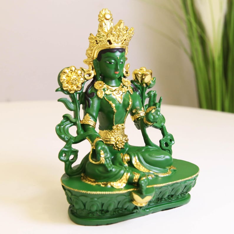Resin Green Tara Buddha Statue: Painted Tibetan Auspicious Ornament