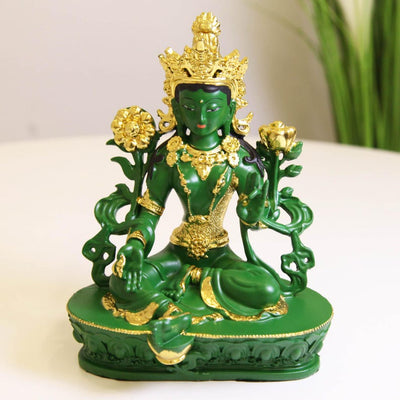 Resin Green Tara Buddha Statue: Painted Tibetan Auspicious Ornament