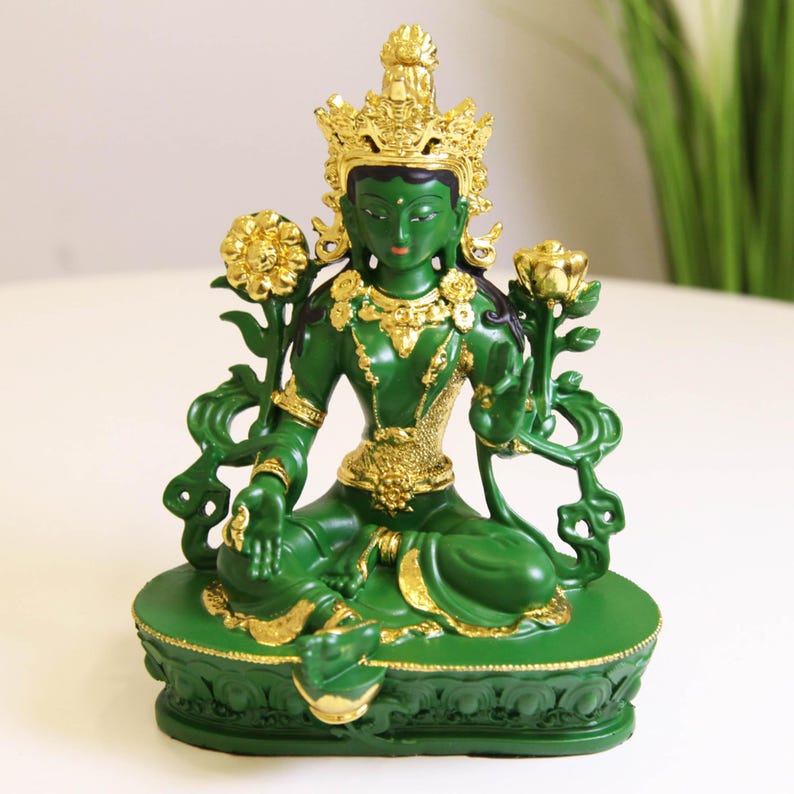 Resin Green Tara Buddha Statue: Painted Tibetan Auspicious Ornament