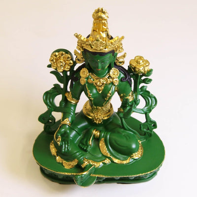 Resin Green Tara Buddha Statue: Painted Tibetan Auspicious Ornament