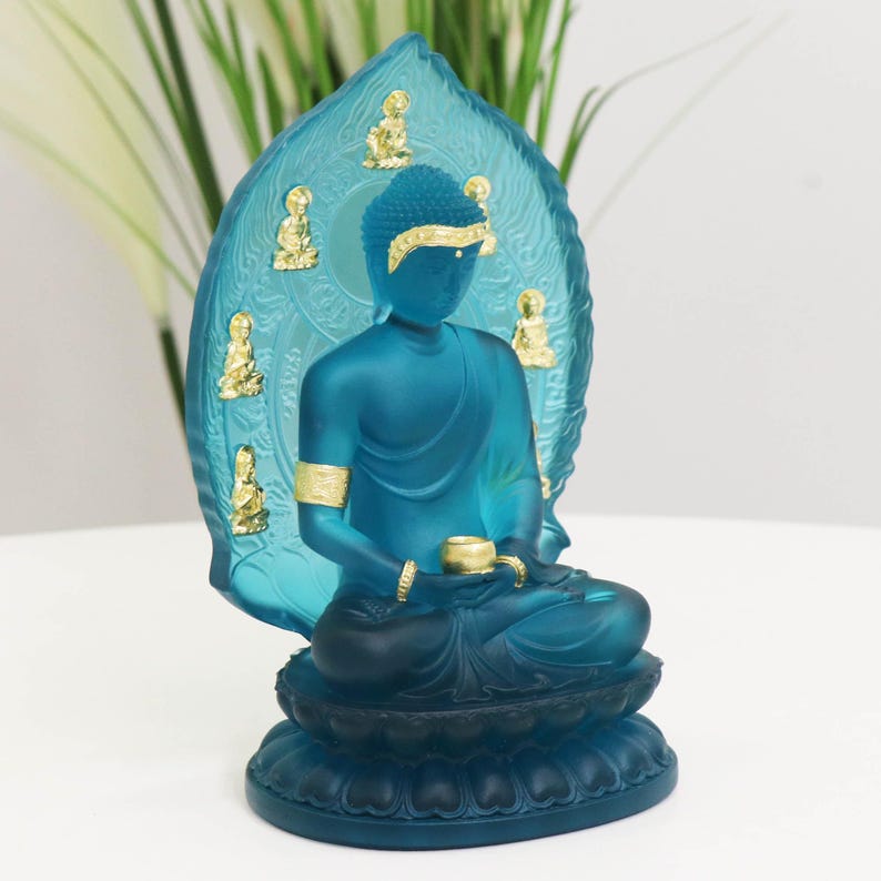 Lake Blue Glass Medicine Buddha Statue: Buddhist Temple Decor