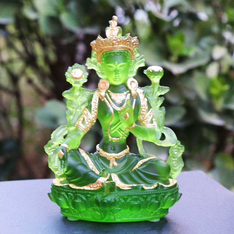 Glass Green Tara Buddha Statue, Bodhisattva Handmade Zen Ancestral Temple Home Desktop Ornaments