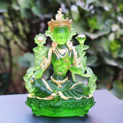 Glass Green Tara Buddha Statue, Bodhisattva Handmade Zen Ancestral Temple Home Desktop Ornaments