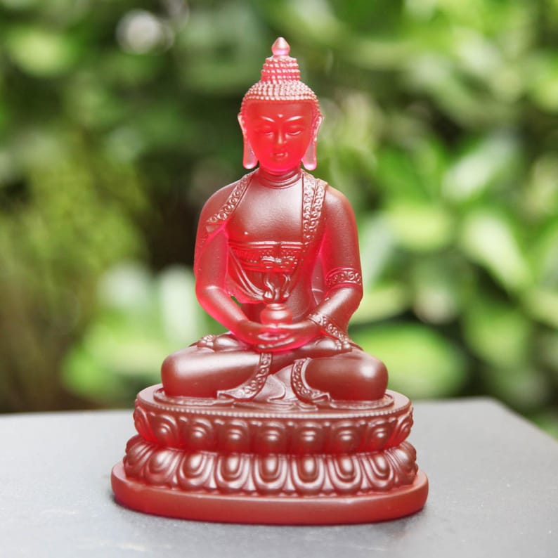 Glass Amitabha Buddha Statue: Handmade Temple Desktop Ornament