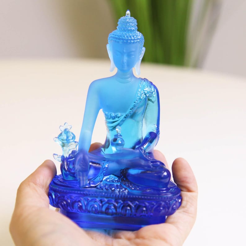 Glass Medicine Buddha Statue: Home Temple Decor, Gift for Mom, Handmade Glass Buddha Statue, Home Glass Ornament