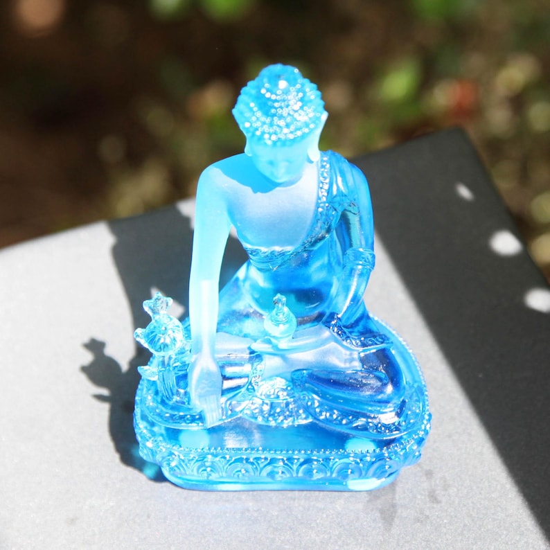 Glass Medicine Buddha Statue: Home Temple Decor, Gift for Mom, Handmade Glass Buddha Statue, Home Glass Ornament