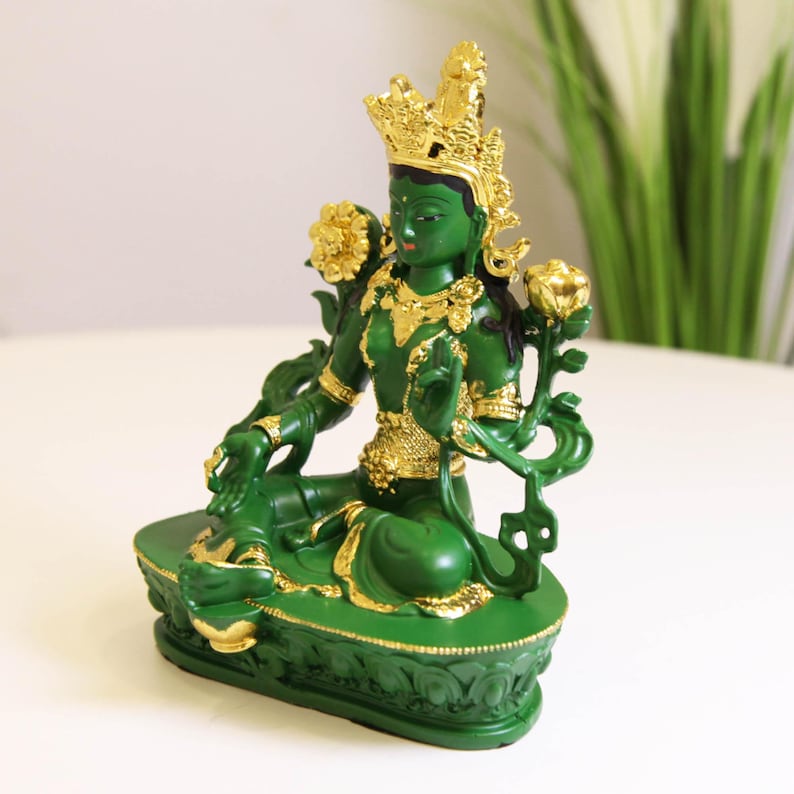 Resin Green Tara Buddha Statue: Painted Tibetan Auspicious Ornament
