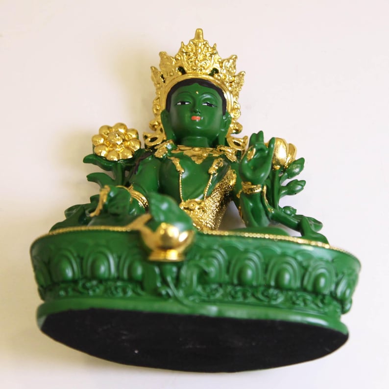 Resin Green Tara Buddha Statue: Painted Tibetan Auspicious Ornament