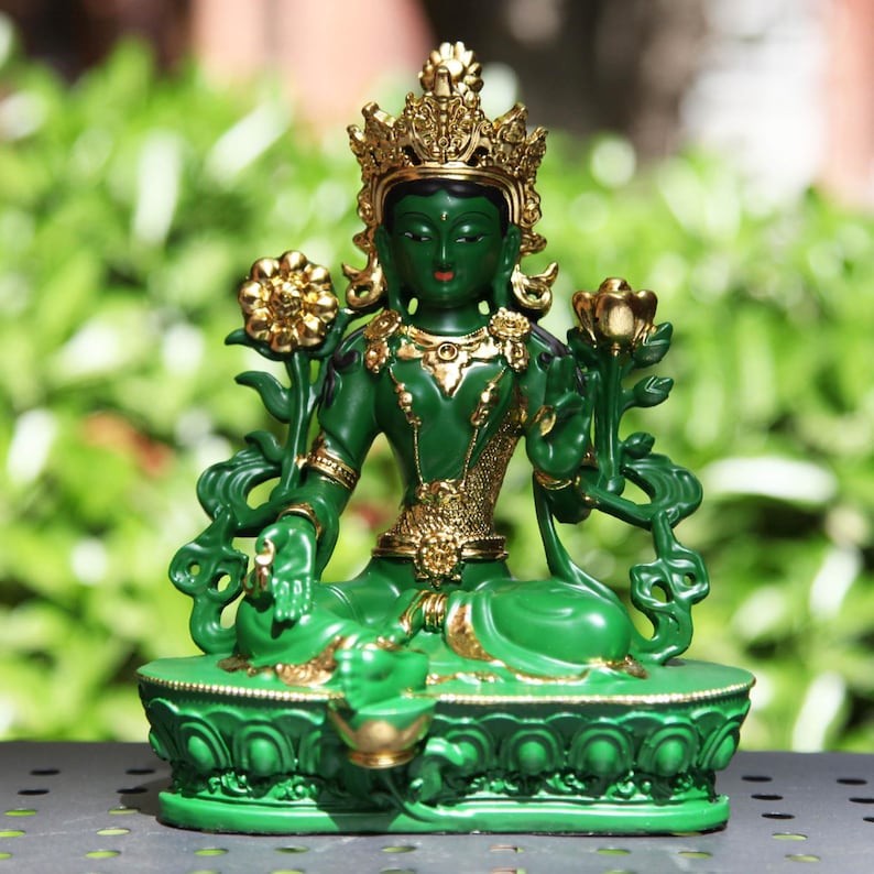 Resin Green Tara Buddha Statue: Painted Tibetan Auspicious Ornament