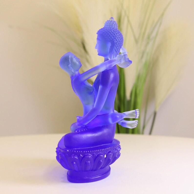 Statue de Bouddha Samantabhadra en verre Liuli : Sculpture d'autel tibétaine Yab-Yum (22cm)