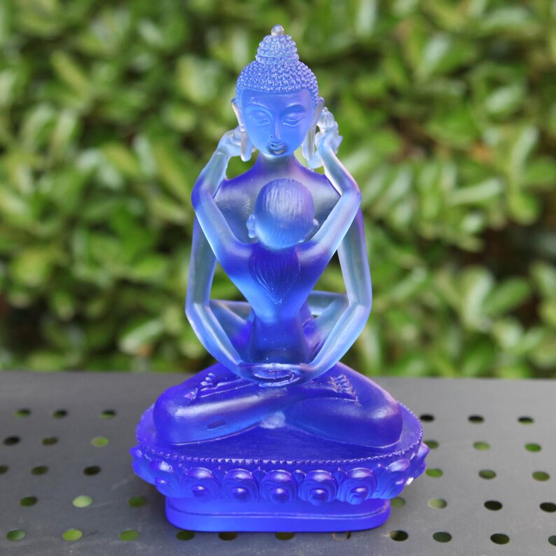 Liuli Glass Samantabhadra Buddha Statue: Tibetan Yab-Yum Altar Sculpture (22cm)